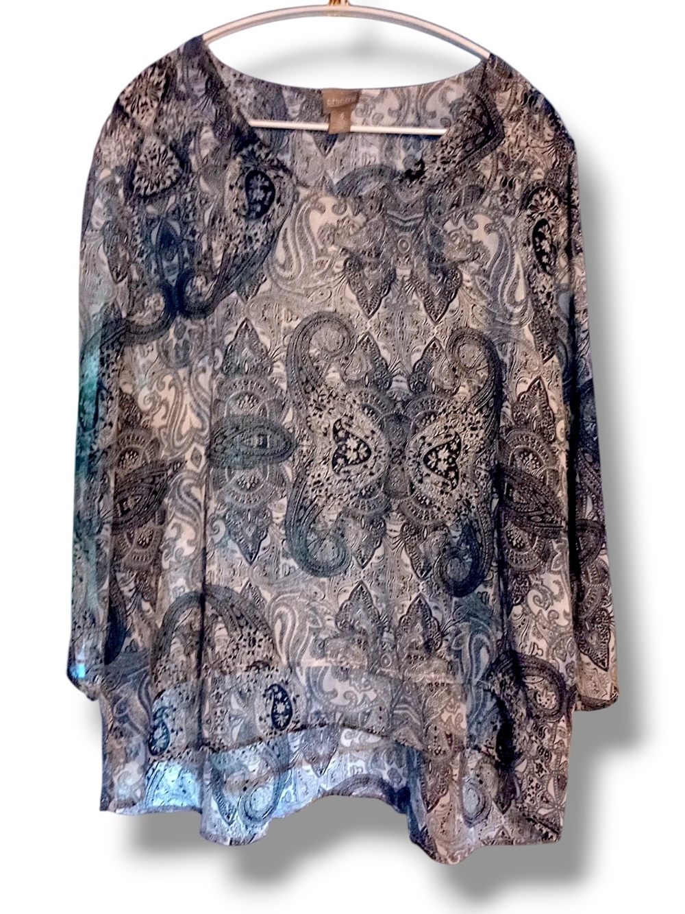 Chico's Blue And White Paisley Sheer Layered Top